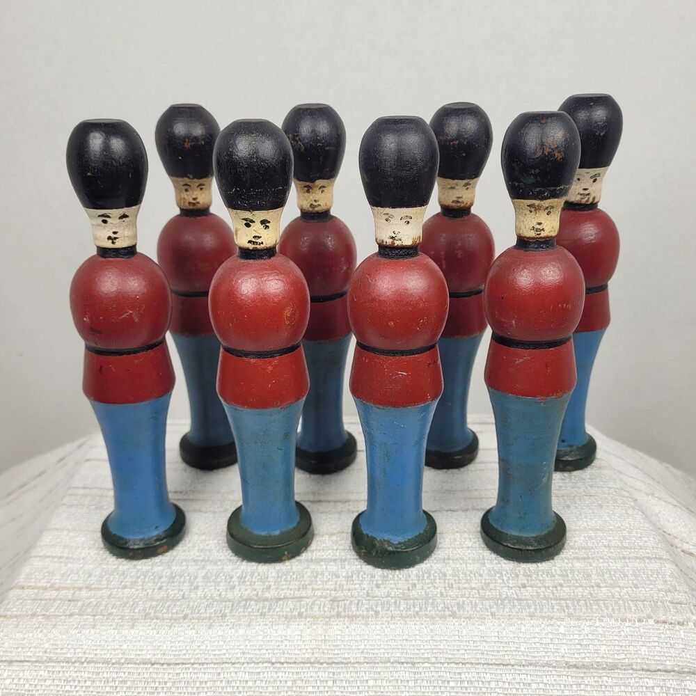 Vintage Skittles Soldiers Men Wooden Bowling Game Pins Figures 6.5" Set of 8